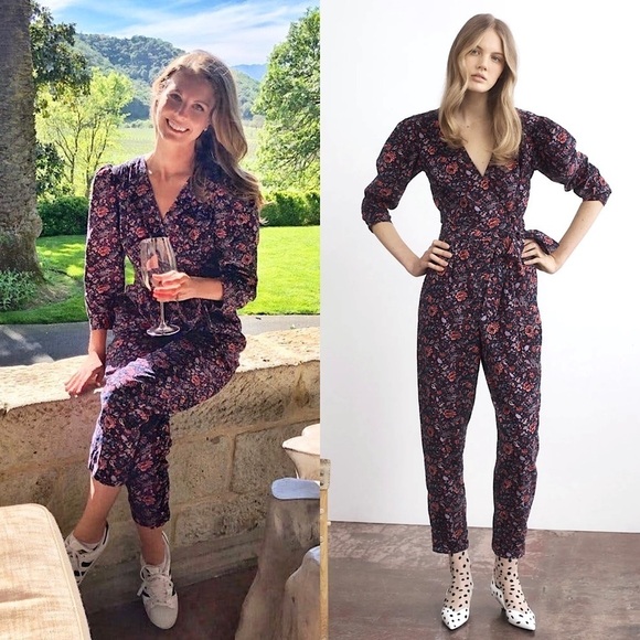 REBECCA TAYLOR Floral Velvet Corduroy Puff Long Sleeve Wrap Tie Waist Jumpsuit L - Picture 1 of 9